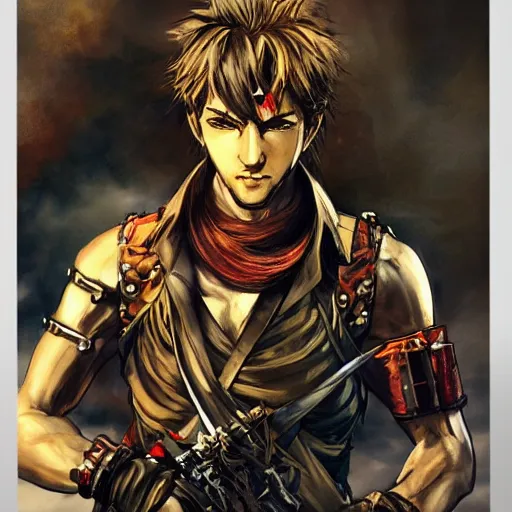 Image similar to portrait of a hero holding his sword in front of his face by yoji shinkawa, high quality, extra details, realism, ornate, colored, golden chain, blood, white skin, short hair, brown eyes, vivid, sunlight, dynamic, american man, freedom, spray paint