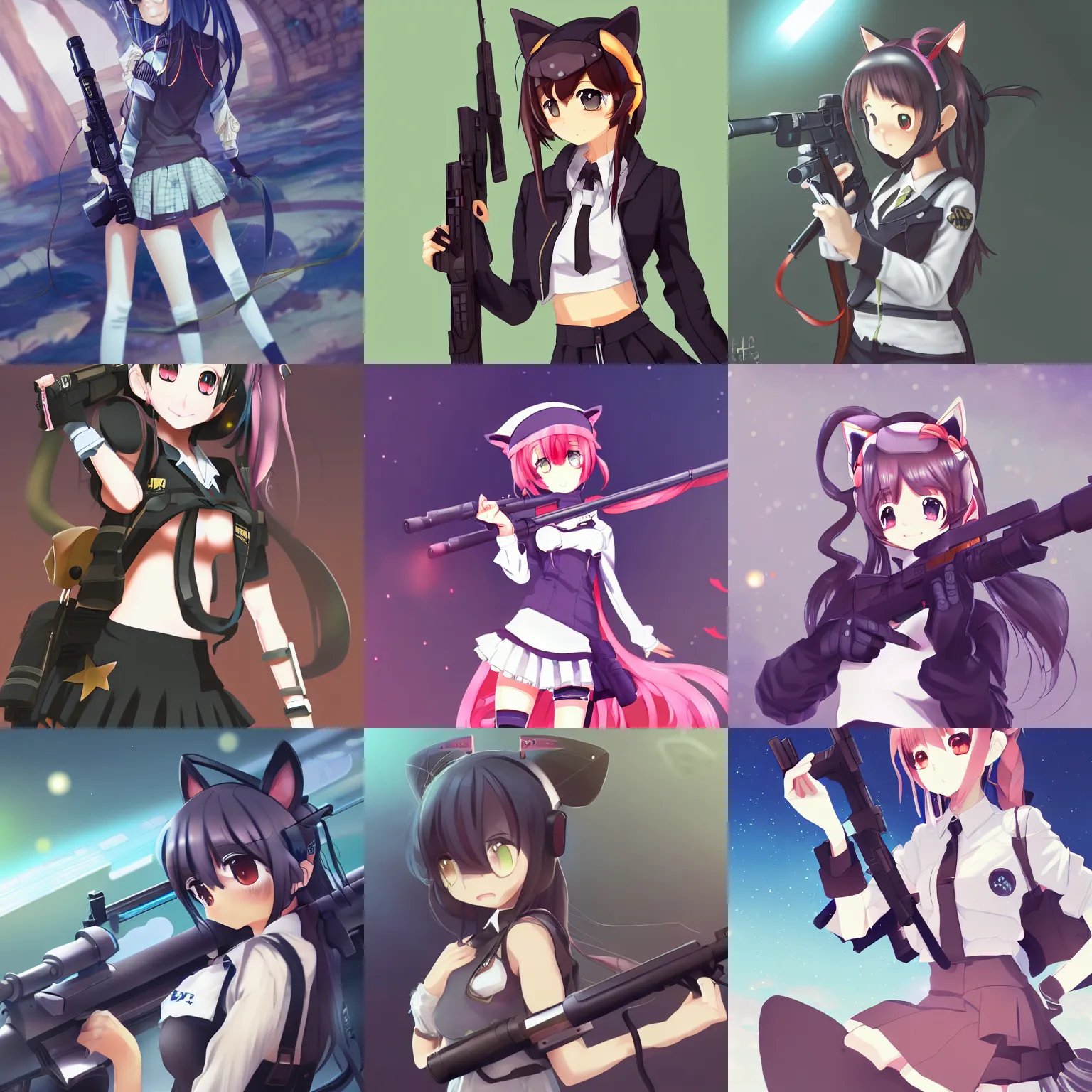 Prompt: anime, full body, cute, female, a cute girl wearing a school uniform with cat ears and holding a sniper rifle, gorgeous lighting, gorgeous background, cat girl, highly detailed, digital painting, art station, sharp focus, frontal view, illustration, concept art, advanced digital anime art