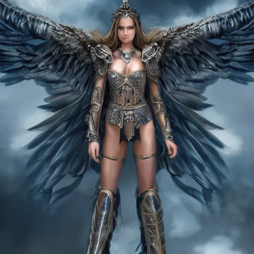 Image similar to beautiful young aasimar angel valkyrie warrior girl maiden wearing comfy leather armor with beautiful feathered angel wings, blue eyes, beautiful face, Alessandra Ambrosio, Natalie Portman, Emily Ratajkowski, innocent, intricate, elegant, highly detailed, ultradetailed, hyperdetailed, artstation, concept art, smooth, sharp focus, illustration, by Mark Arian