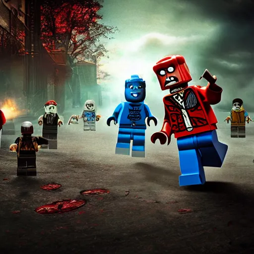 Prompt: zombies chasing Lego Dr Who, cinematic photography, concept art, cinematic