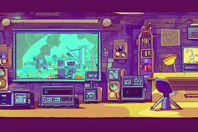 Prompt: musical production studio in steven universe video game art style, hiphop, hick outlines, color vector art, artstation, intricate details, illustration, 4 5 degree camera angle