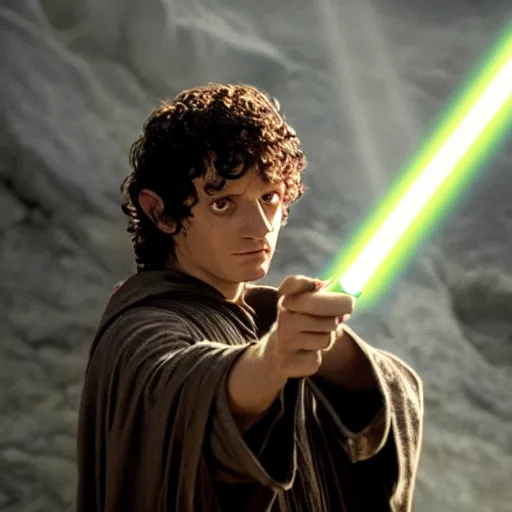 Image similar to frodo as jedi master, dramatic lighting,