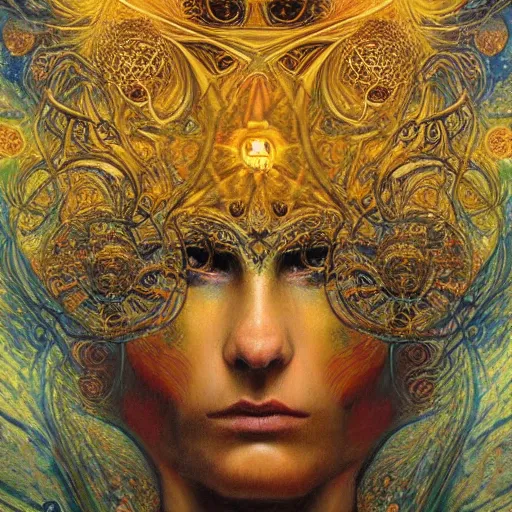 Image similar to Divine Chaos Engine by Karol Bak, Jean Deville, Gustav Klimt, and Vincent Van Gogh, beautiful visionary mystical portrait, sacred, otherworldly, fractal structures, ornate gilded medieval icon, third eye, spirals