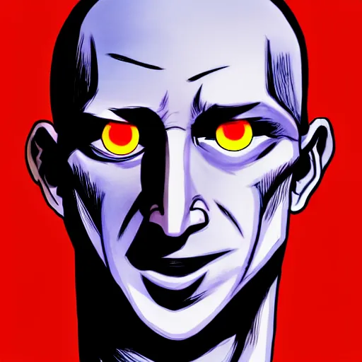 Image similar to solid glowing eyes, digital portrait of Mark zuckerburg face with solid glowing eyes, cover art of graphic novel, evil laugh, menacing, Machiavellian puppetmaster, villain, simple style, solid colors, clean lines, clean ink, trending on artstation