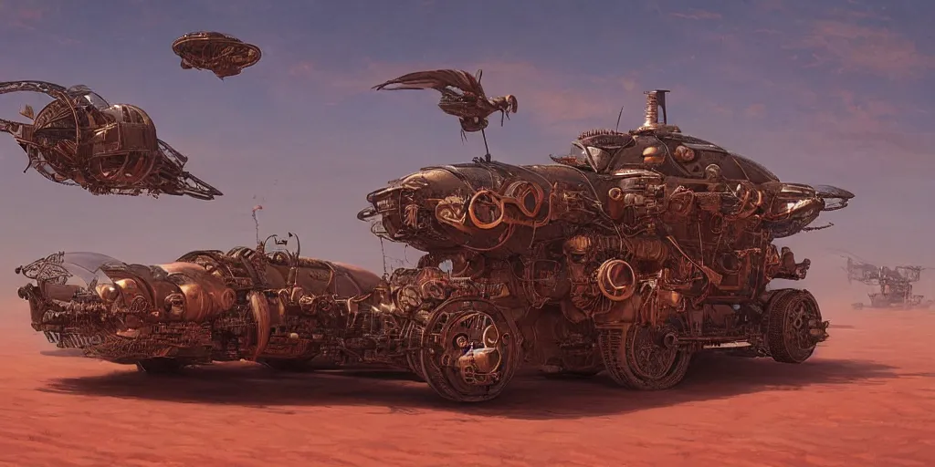 Image similar to steampunk hovercraft speeding across a red desert, greg rutkowski, 8 k, shallow depth of field, intricate detail, concept art,