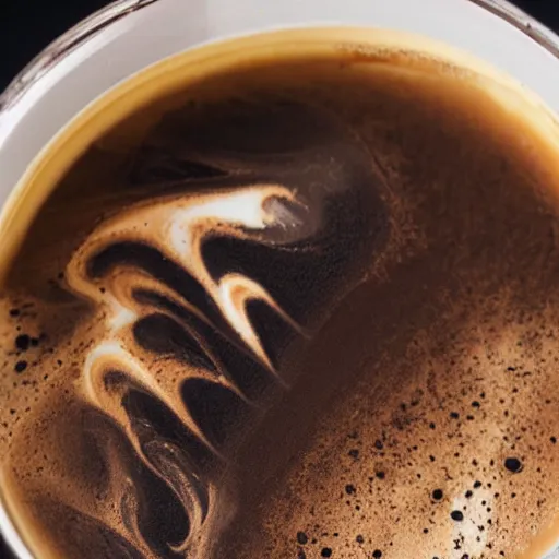 Image similar to close-up of nitro-cold-brew-coffee mixing with cream, perfect turbulence mixing cream-and-coffee, swirled, texture,