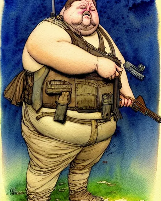 Image similar to a realistic and atmospheric watercolour fantasy character concept art portrait of a fat adorable dirty chibi pug wearing a wife beater and holding a rifle, by rebecca guay, michael kaluta, charles vess and jean moebius giraud