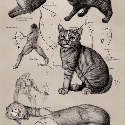 Image similar to anatomy of a cat with sketch drawings and arrows explaining each body part, da vinci notes, ultradetailed, anatomy study, artstation