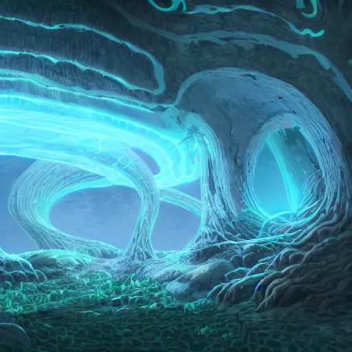Prompt: bioluminescent tentacle caves, artstation, highly detailed