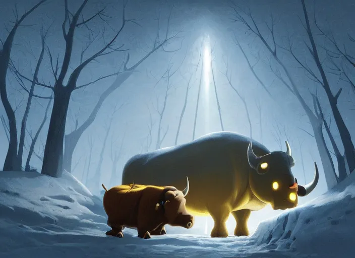 Prompt: the tunnel into winter, cottagecore, giant bull inside church, glowing eyes, by Baksinsky, painted by Goro Fujita