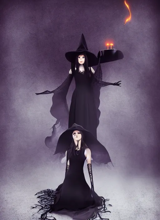 Prompt: young witch ; occult magic ; black dress ; nice face ; a crow sitting on her head ; unreal engine ; photorealistic ; dark colors ; cinematic light