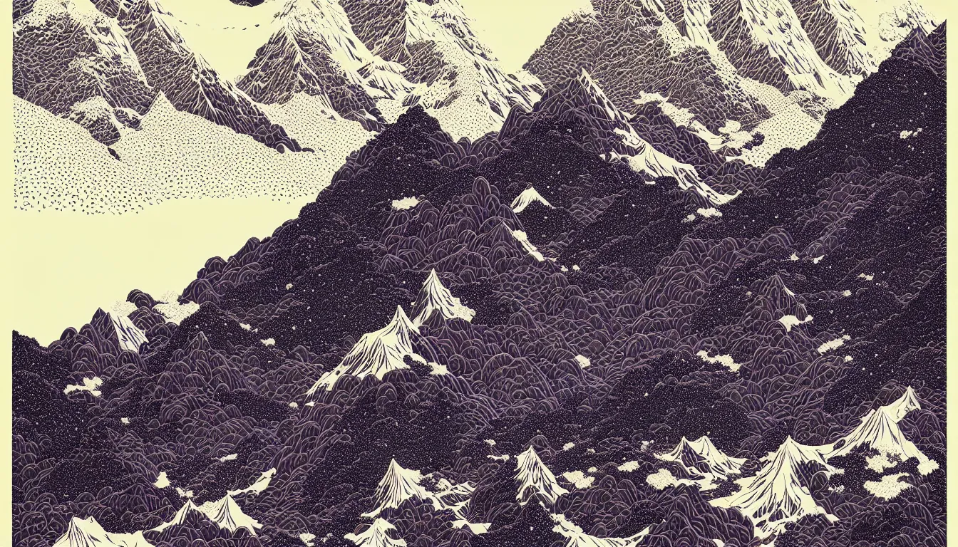 Prompt: himalayas by woodblock print, nicolas delort, moebius, victo ngai, josan gonzalez, kilian eng