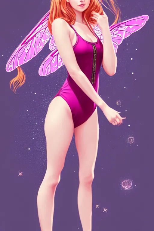 Image similar to beautiful full body portrait of a ginger woman in pigtails, wearing a sparkling pink one piece swimsuit with giant! dragonfly wings, by wlop and artgerm, steampunk! fiction, detailed eyes, starry background, trending, on artstation.