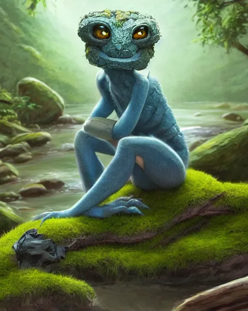 Image similar to concept art of a rock creature, wearing tight clothes made of moss and vines, sitting on a log near a river in a thick aspen forest | | cute - fine - fine details by stanley artgerm lau, wlop, rossdraws, and sakimichan, trending on artstation, brush strokes