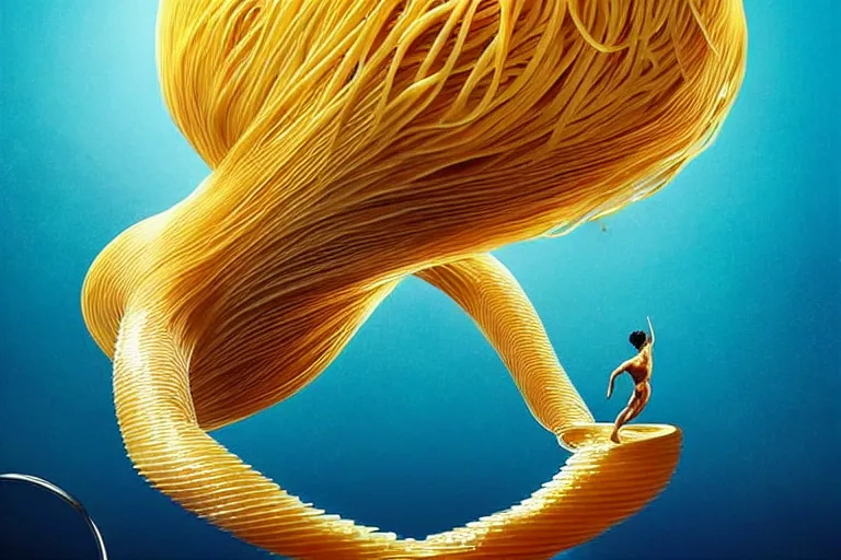 Prompt: olympic diver made of pasta diving into a dish of pasta, splash, art deco intricate ripples, fantasy, elegant, highly detailed, sharp focus, art by artgerm and beeple and greg rutkowski and wlop