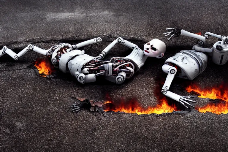 Image similar to vfx film closeup, dead robot couple on the ground holding hands, city street tire tracks fire. flat color profile low - key lighting award winning photography arri alexa cinematography, hyper real photorealistic cinematic atmospheric cool colorgrade