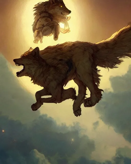Prompt: '' Illustration of giant gold wolf chasing the moon through the sky, league of legends, LOL, fantasy, d&d, digital painting, artstation, concept art, sharp focus, illustration, art by greg rutkowski and alphonse mucha ''