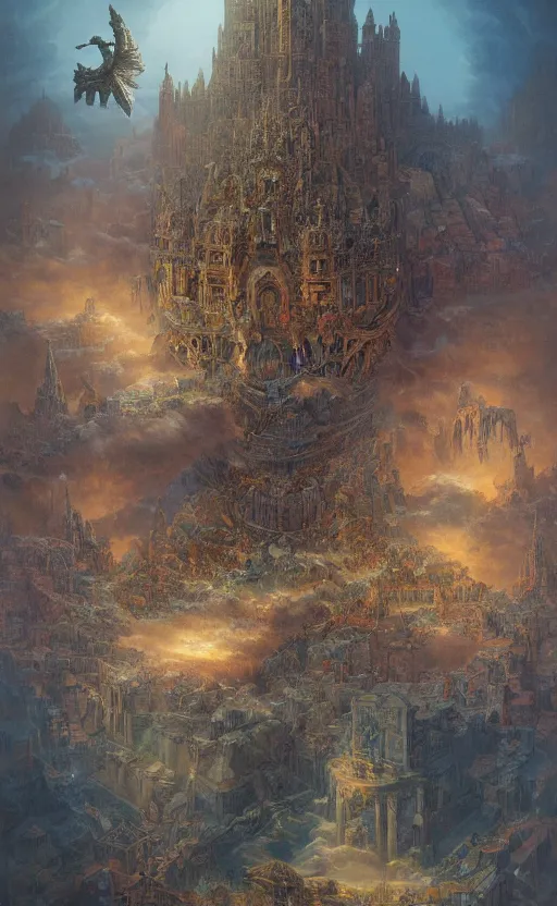 Image similar to bird's eye view, epic war between good and evil, gigantic biomechanical astral monk, baroque architecture, detailed, vivid colors, masterpiece painting, octane render, volumetric lighting, cinematic, by gustave dore, by michelangelo, by beksinski, by peter mohrbacher