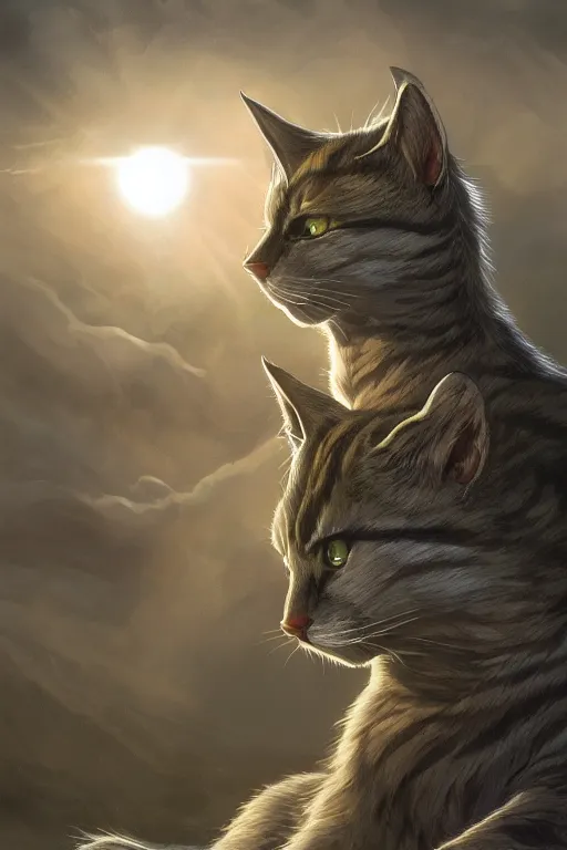 Prompt: a book cover for warrior cats by wayne mclouglin, depth of field, sun flare, hyper realistic, very detailed, backlighting, trending on artstation