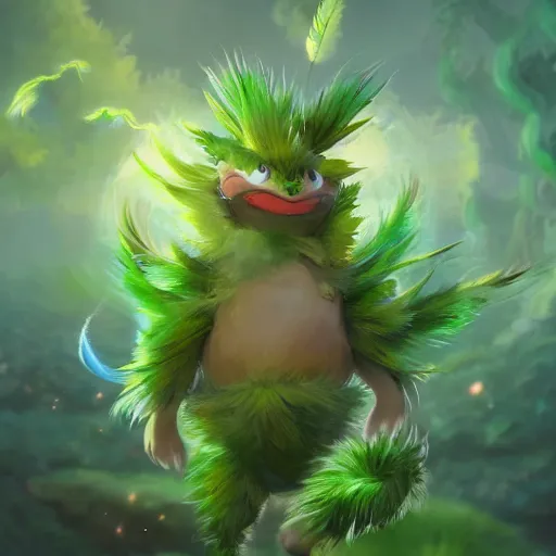 Image similar to a cute beautiful plant type pokemon with smile, green feathers bursting out of his hair, full body portrait, highly detailed digital art, 3 d perspective, award - winning illustration, aesthetic, smooth, pokemon style, made by greg rutkowski, with an alien landscape in the background