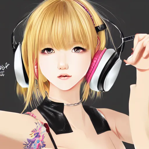 Image similar to realistic beautiful gorgeous natural cute Blackpink Lalisa Manoban blonde hair cute fur blonde cat ears, wearing camisole, wearing headphones, wearing black leather choker artwork drawn full HD 4K highest quality in artstyle by professional artists WLOP, Taejune Kim, Guweiz on Artstation Pixiv