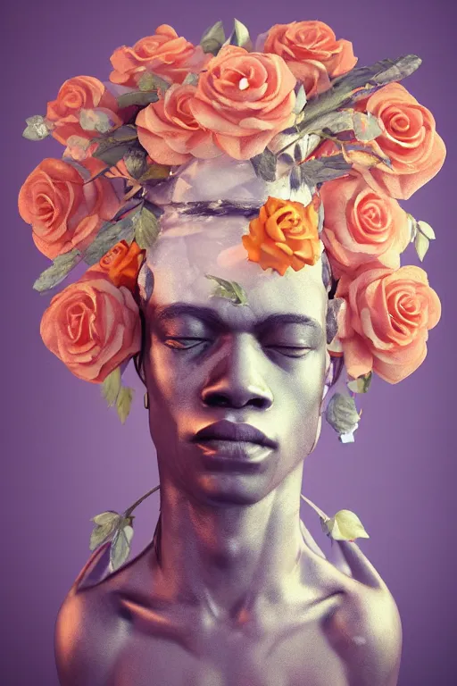 Prompt: milky quartz statue of a beautiful basquiat wearing a crown full of peach roses and reaching to the sky. rococo style decorations, background heavenly sky, marble columns, Trending on artstation. halo. octane render, cinematic, hyper realism, octane render, 8k, depth of field, 3D