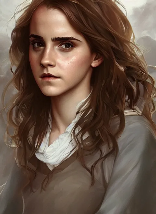 Prompt: emma watson as hermione granger at hogwarts!!!. beautiful detailed face. by artgerm and greg rutkowski and alphonse mucha