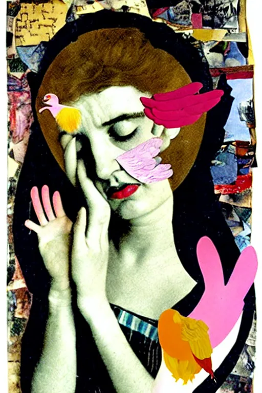 Prompt: a young adult angelgirl soft crying with lots of hands on her face and ratty feathered angel wings, stressed and burnt out, collage by kurt schwitters and eileen agar