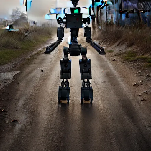 Image similar to A large humanoid robot, full body, facing forward, bleak tone, post apocalyptic, Nuttavut Baiphowongse, Mark Armstron, amad, rendered by octane, 8k, ultra 8k, hyper realistic, photorealistic, photo