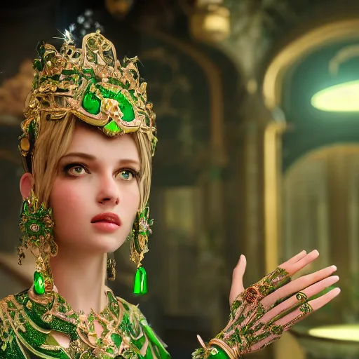 Image similar to photograph of wonderful princess with smooth fair skin, green jewelry, breathtaking, elegant, ornate, intricate, hyper detailed, accent lighting, dramatic light, 4 k octane render