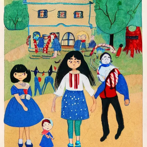 Prompt: children's book illustration of little girl black hair cut in a bob with bangs wearing a blue dress with jingle bells sewn all over at a halloween costume parade in the style of henry darger