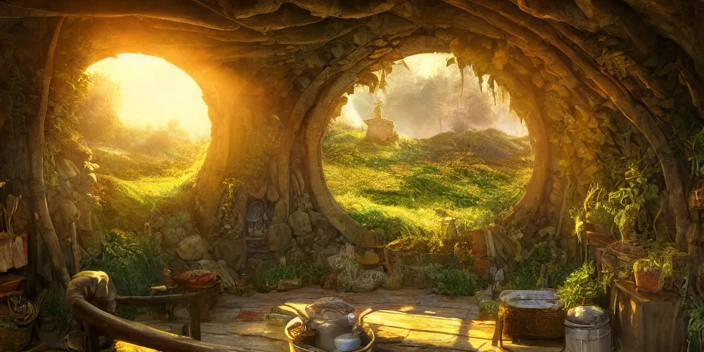 Image similar to Interior of a Hobbit home, golden hour, detailed matte painting, cinematic, Alan Lee, Artstation