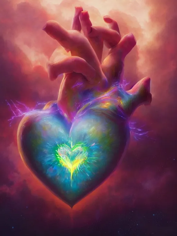 Prompt: a ultradetailed beautiful matte painting of the prismatic heart absorbing the wonderful colors of the emotion around it, oil painting, high resolution 4 k, by tom bagshaw, greg rutkowski, charli bowater and artgeem