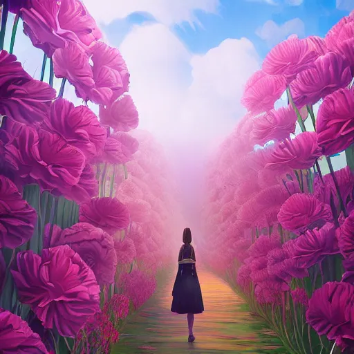 Prompt: giant carnation flower as a ahead, a woman walking between luxury apartments, surreal photography, sunlight, impressionist painting, digital painting, artstation, simon stalenhag