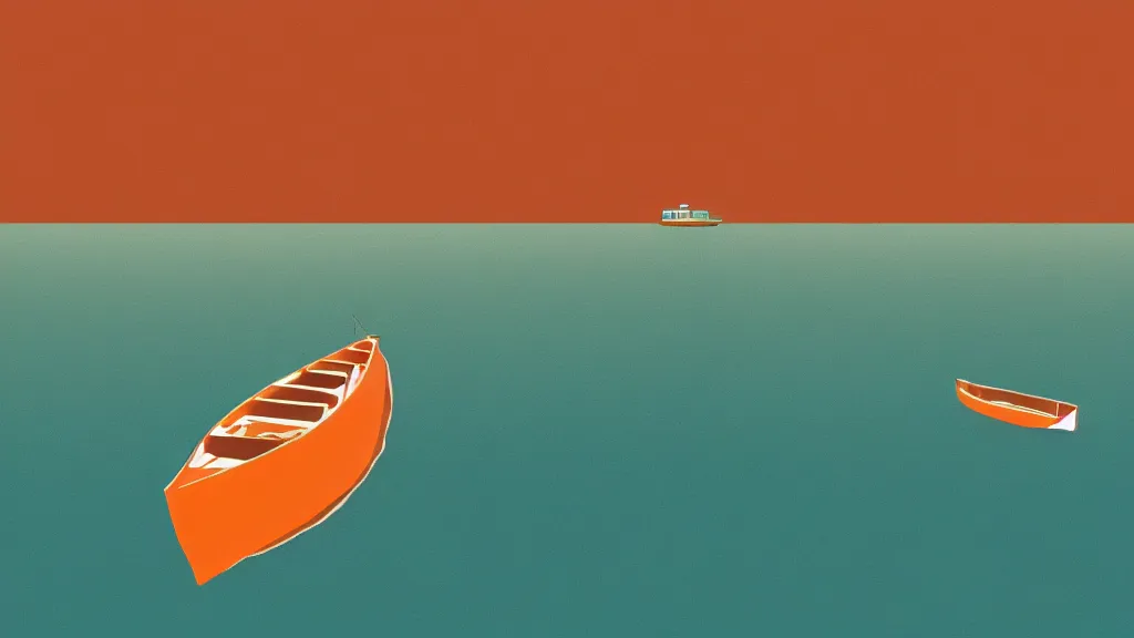 Image similar to a pale orange boat floating on top of a body of water, a vintage poster screenprint by Tom Whalen, behance contest winner, australian tonalism, pale gradients design, matte drawing, outrun, low poly