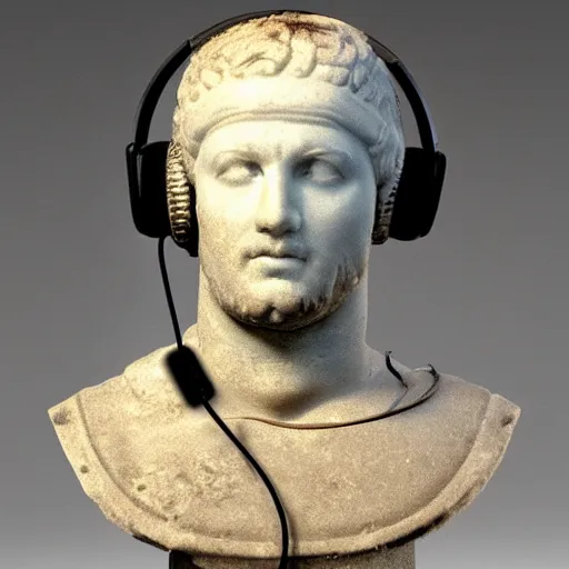 Image similar to a roman bust wearing headphones, vaporwave!!!!!!!!!!!