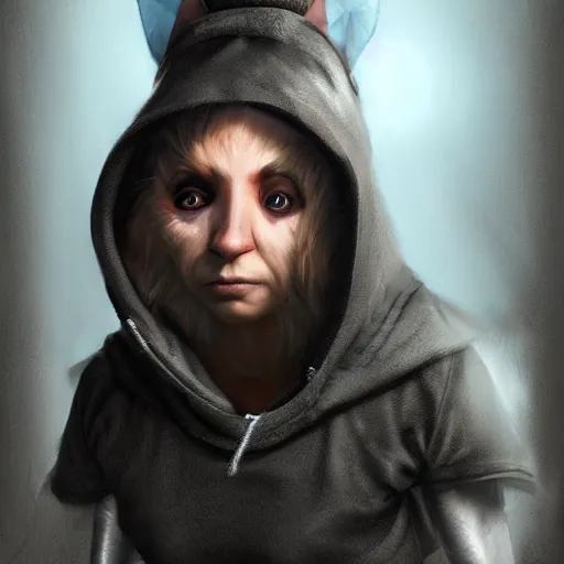 Prompt: humanoid dog ; hood over head ; big eyes ; fantasy race ; dungeon master ; artstation trend ; digital art ; hyper realistic