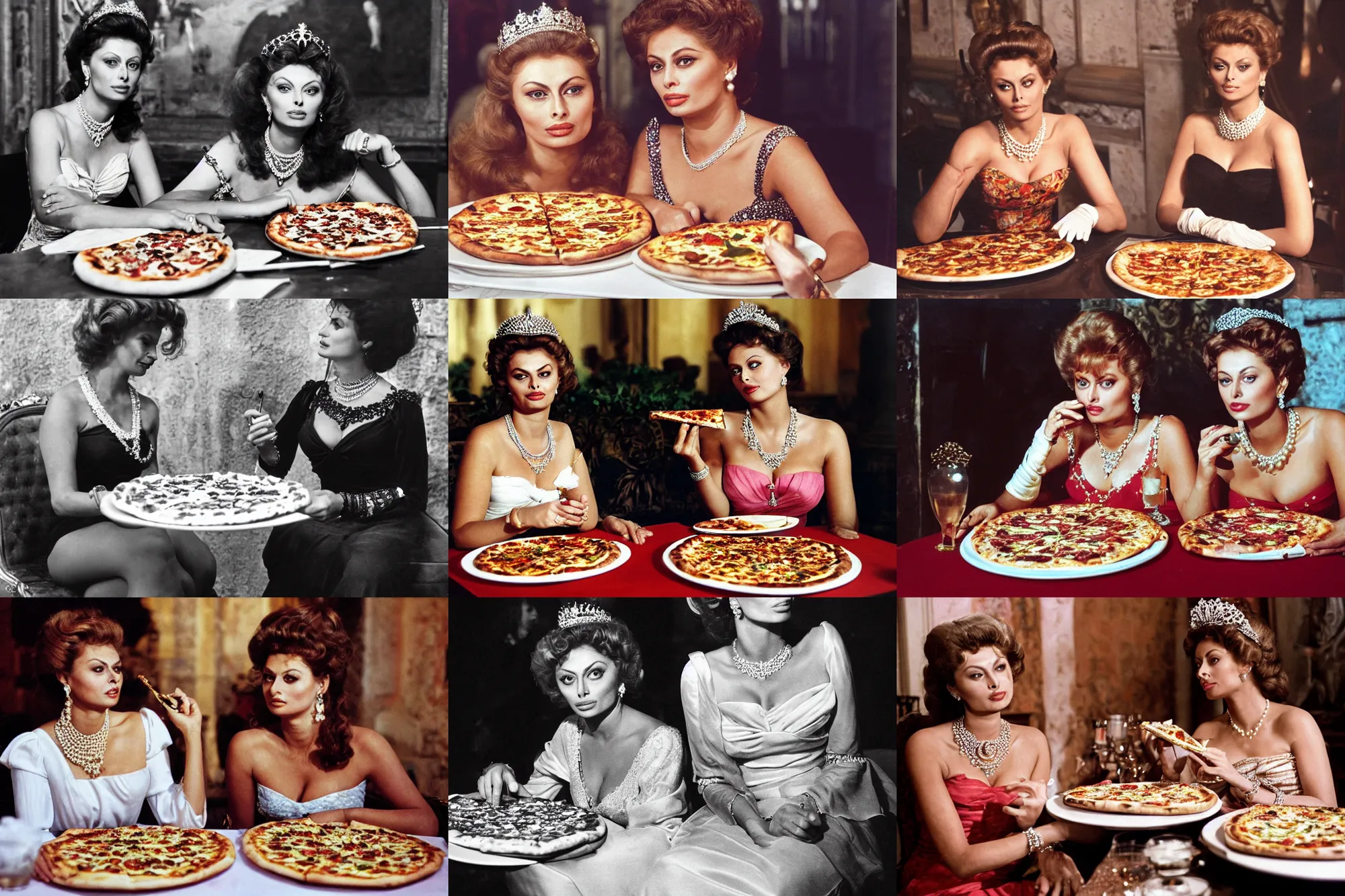 Prompt: a highly detailed photo of two young beautiful women sitting at a long take sharing a pizza margherita, queen margherita of savoy, sophia loren, tiara, pearl necklace, right angled view, smooth lighting, masterpiece, timeless, genious composition
