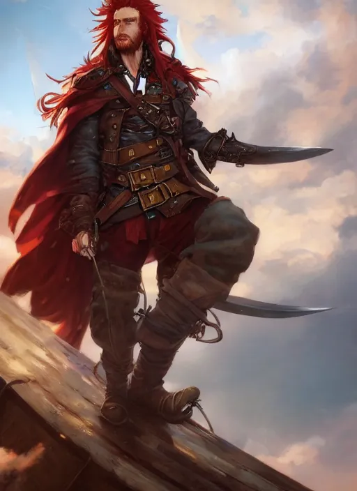 Image similar to an epic fantasy comic book style portrait painting of a long haired, red headed male sky - pirate in front of an airship, krenz cushart, unreal 5, daz, hyperrealistic, octane render, cosplay, rpg portrait, dynamic lighting