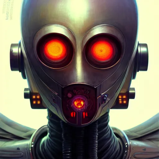 Image similar to low angle shot of a cyberpunk gazmask robot character, intricate, elegant, highly detailed, centered, digital painting, artstation, concept art, front shot, smooth, sharp focus, illustration, artgerm, Tomasz Alen Kopera, Peter Mohrbacher, donato giancola, Joseph Christian Leyendecker, WLOP, Boris Vallejo