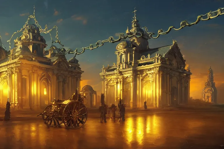 Image similar to an mobile ornate baroque church with chain wheels, scene in an open field. key visual, conceptart, ambient lighting, highly detailed, digital painting, artstation, concept art, sharp focus, by makoto shinkai and akihiko yoshida and greg manchess