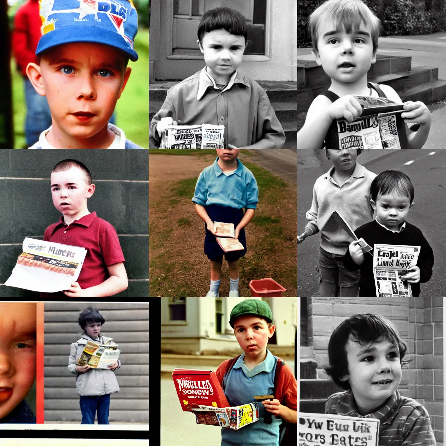 Prompt: young karl pilkington delivering newspapers, eating mars bar candy, color, 1 9 8 7