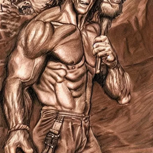 Image similar to a caveman drawing a picture of arnold schwarzengger in a cave, encarving, realistic photograph, very detailed.