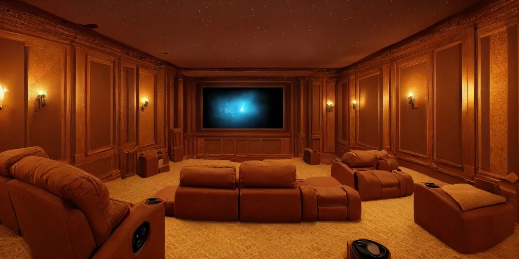 Image similar to home theater interior design, Greg Rutkowski, trending on Artstation, 8K, ultra wide angle, pincushion lens effect.