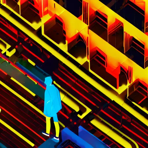 Image similar to rainy night in a neon red and neon blue city, silhouette of a man standing on a high balcony looking down, 4k, isometric