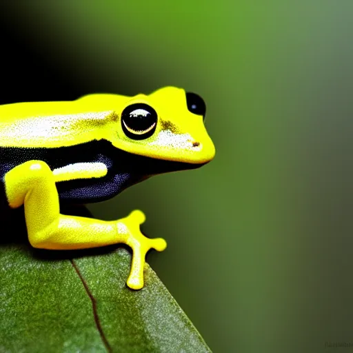 Prompt: small yellow dart frog, chilling on a leaf, in jungle, by giger alien artist, from alien movie, rule of thirds, extreme detail, 4 k, detailed drawing, trending artstation, realistic lighting, sharp focus, backlit