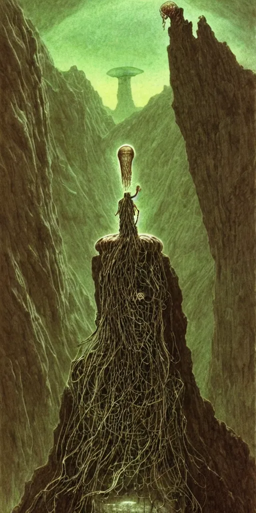 Prompt: A detailed lonely tesla android with jellyfish head stands among the mountains. Wearing a ripped mantle, robe. Perfect face, colossal scale, extremely high details, realistic, fantasy art, solo, masterpiece, art by Zdzisław Beksiński, Arthur Rackham, Dariusz Zawadzki