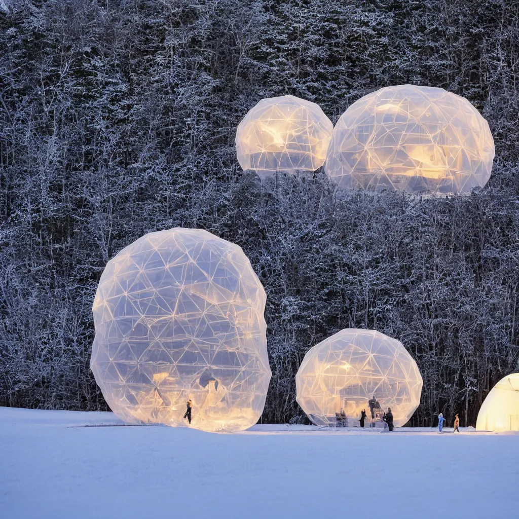 Prompt: A night photo of a glowing inflatable geodesic house made of clear plastic sheeting. Close-up detailed shot with 100mm lens. The inflated bubble house fills the background. The bubble house glows from within with warm light. In the foreground, A family is playing in the snow. The inflated bubble house is at the edge of a snowy winter forest. Coronarender, 8k, photorealistic