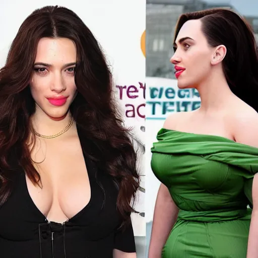 Image similar to a woman who is a genetic combination of kim kardashian and kat dennings and scarlett johansson and margot robbie and emma watson, face and upper - body focus