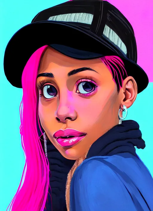 Image similar to portrait of teenage vanessa morgan with bright pink hair, black girl, curly pixie cut hair, wearing newsboy cap, pink short haircut, newsboy cap, hoop earrings, blue eyes, intricate, elegant, glowing lights, highly detailed, digital painting, artstation, concept art, smooth, sharp focus, illustration, art by wlop, mars ravelo and greg rutkowski